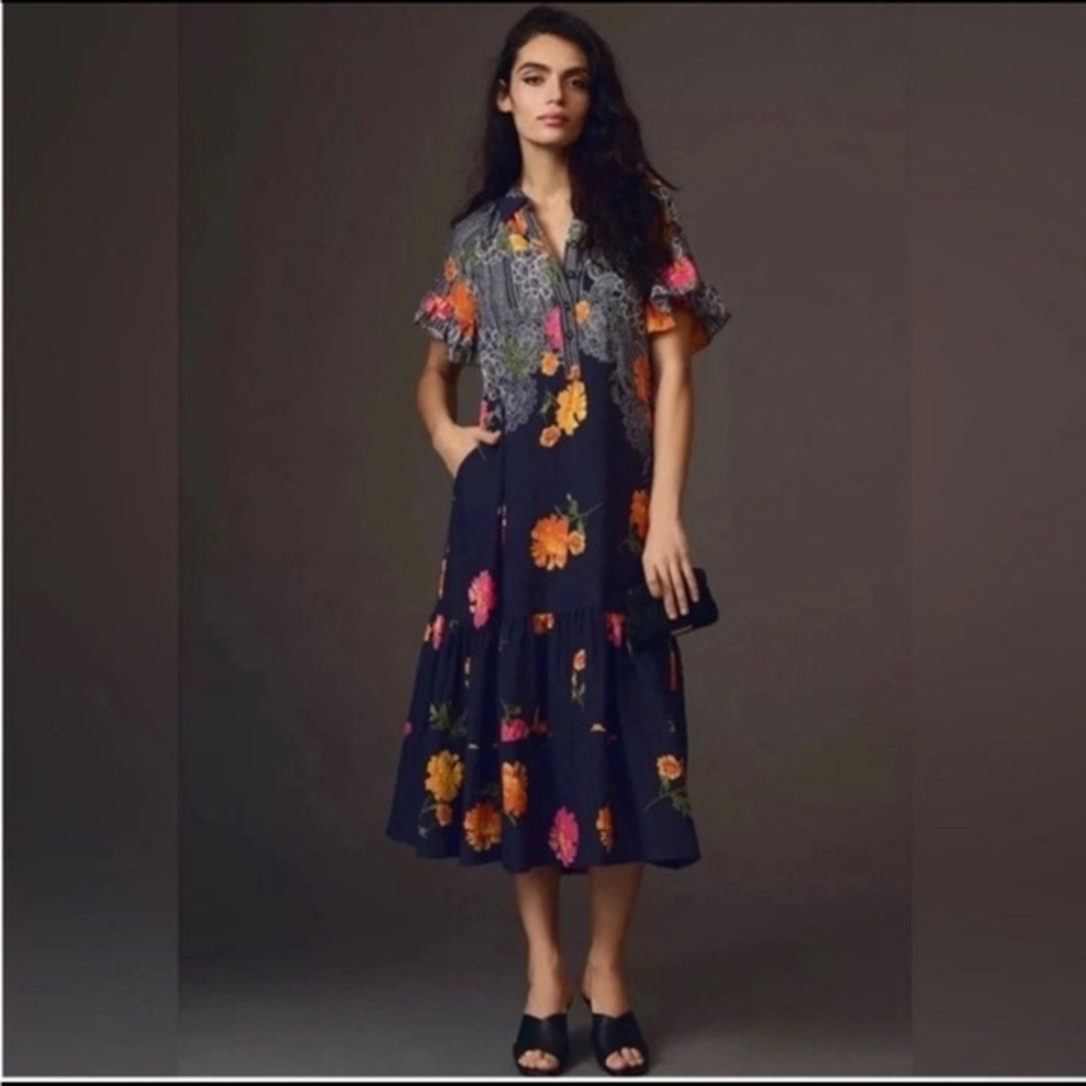 Anthropologie Navy Floral Midi Dress